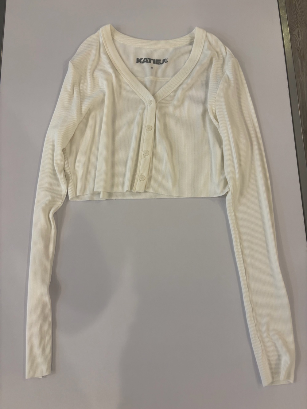 Katie J NYC Cream Ribbed Cropped Button-Down Top